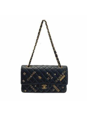 Chanel Quilted Double Flap Icon Charm Chain Shoulder Bag Black Lambskin